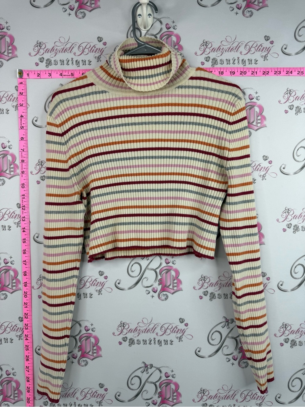 GAP Cream Ribbed Turtleneck Crop Sweater with Red, Orange, Yellow & Blue Stripes